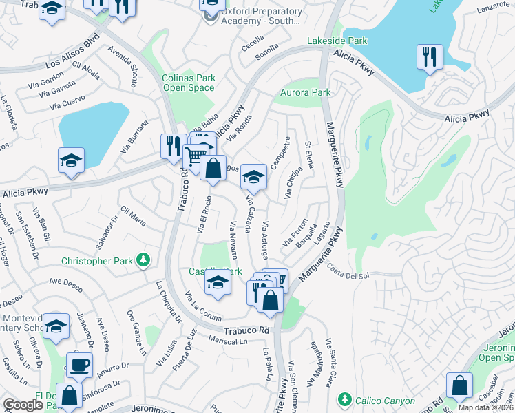 map of restaurants, bars, coffee shops, grocery stores, and more near 23642 Vía Calzada in Mission Viejo