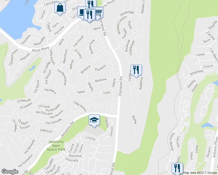 map of restaurants, bars, coffee shops, grocery stores, and more near 23611 Villena in Mission Viejo