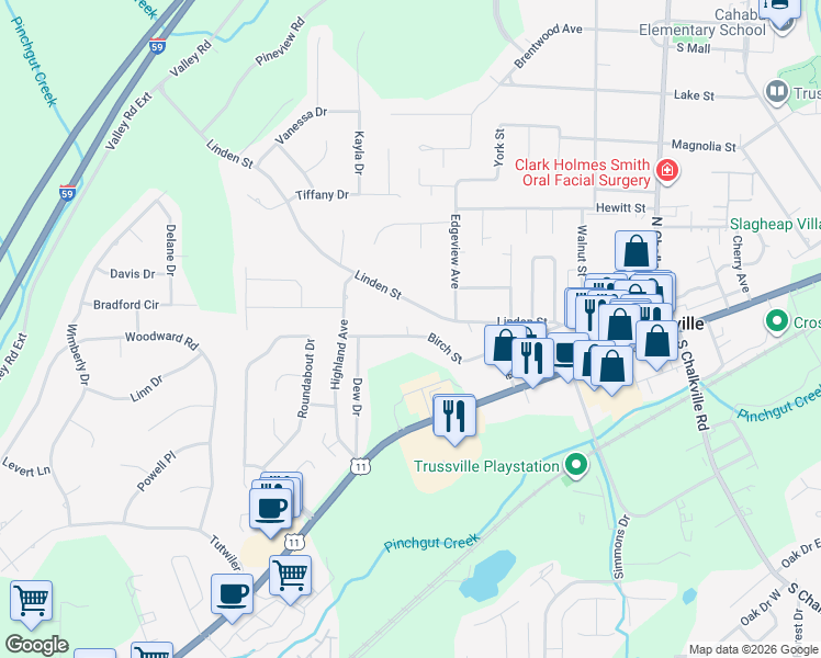map of restaurants, bars, coffee shops, grocery stores, and more near 516 Birch Street in Trussville