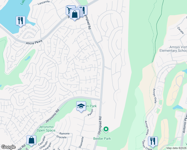 map of restaurants, bars, coffee shops, grocery stores, and more near 23611 Villena in Mission Viejo