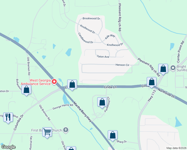 map of restaurants, bars, coffee shops, grocery stores, and more near 415 Henson Circle in Carrollton