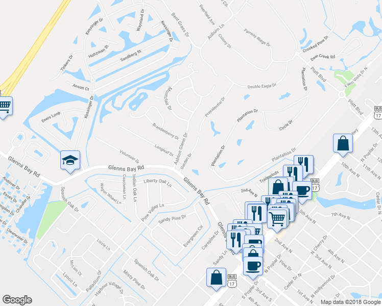 map of restaurants, bars, coffee shops, grocery stores, and more near 424 Garden Drive in Myrtle Beach