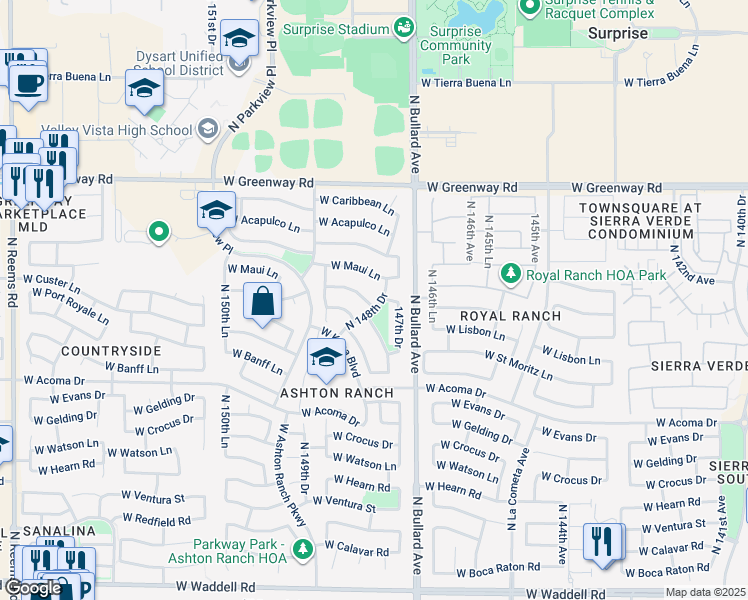 map of restaurants, bars, coffee shops, grocery stores, and more near 14801 West Country Gables Drive in Surprise