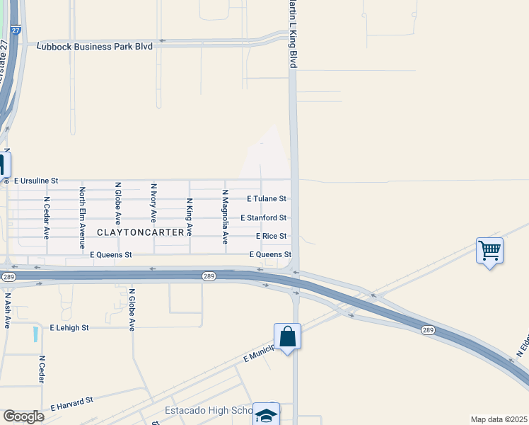 map of restaurants, bars, coffee shops, grocery stores, and more near 1501 East Stanford Street in Lubbock