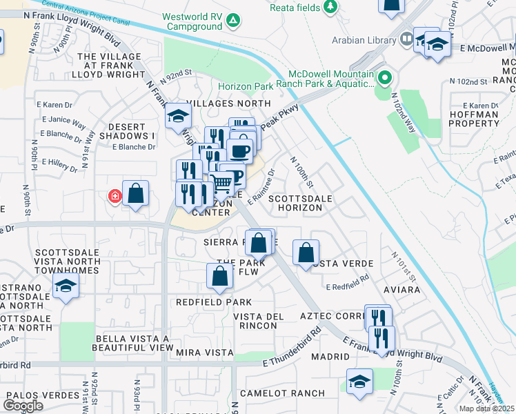 map of restaurants, bars, coffee shops, grocery stores, and more near 9625 East Raintree Drive in Scottsdale