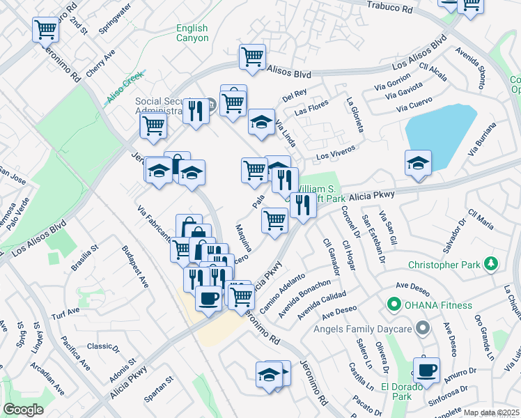 map of restaurants, bars, coffee shops, grocery stores, and more near 25982 Pala in Mission Viejo