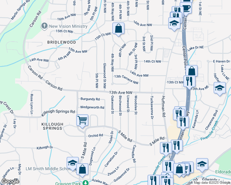 map of restaurants, bars, coffee shops, grocery stores, and more near 312 13th Avenue Northwest in Center Point