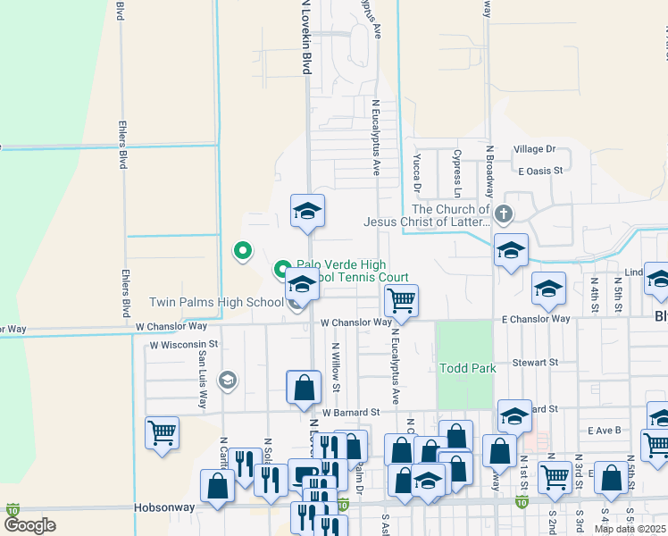 map of restaurants, bars, coffee shops, grocery stores, and more near 620 North Lovekin Boulevard in Blythe