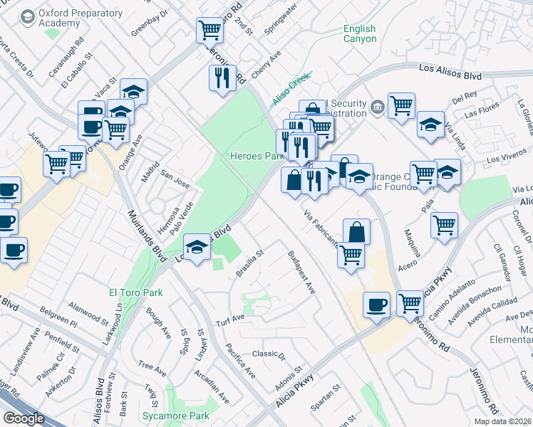 map of restaurants, bars, coffee shops, grocery stores, and more near 23582 Rangoon Street in Mission Viejo