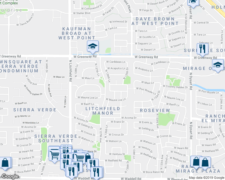map of restaurants, bars, coffee shops, grocery stores, and more near 13642 West Port Royale Lane in Surprise
