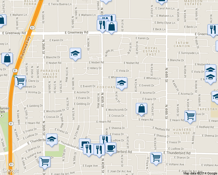 map of restaurants, bars, coffee shops, grocery stores, and more near 14608 North 40th Way in Phoenix