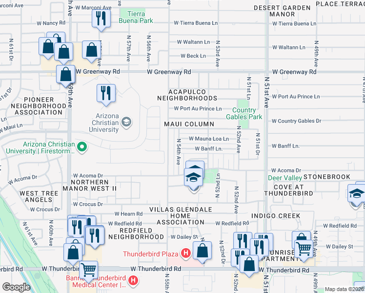 map of restaurants, bars, coffee shops, grocery stores, and more near 5353 West Banff Lane in Glendale