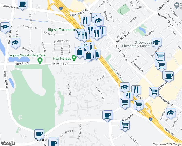 map of restaurants, bars, coffee shops, grocery stores, and more near 2247 Via Mariposa East in Laguna Woods