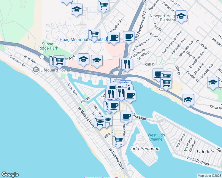 map of restaurants, bars, coffee shops, grocery stores, and more near in Newport Beach