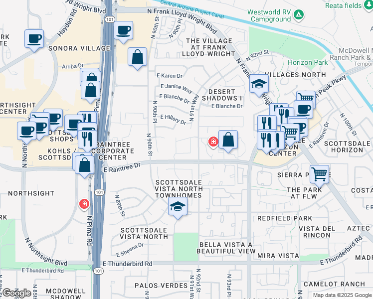 map of restaurants, bars, coffee shops, grocery stores, and more near 9100 East Raintree Drive in Scottsdale