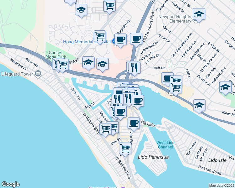 map of restaurants, bars, coffee shops, grocery stores, and more near in Newport Beach