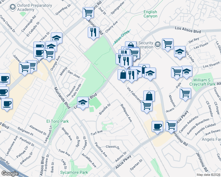map of restaurants, bars, coffee shops, grocery stores, and more near 23576 Rangoon Street in Mission Viejo