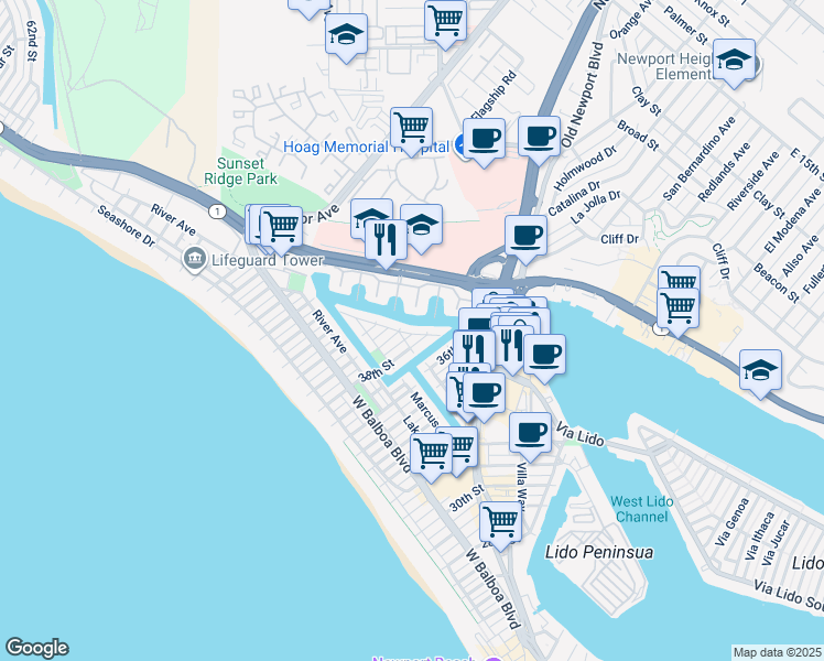 map of restaurants, bars, coffee shops, grocery stores, and more near 3810 Channel Place in Newport Beach