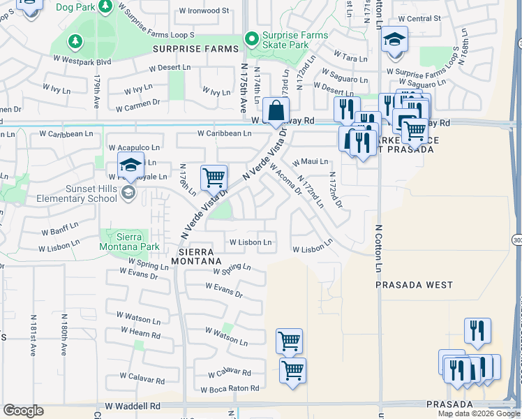 map of restaurants, bars, coffee shops, grocery stores, and more near 17433 West Holland Lane in Surprise