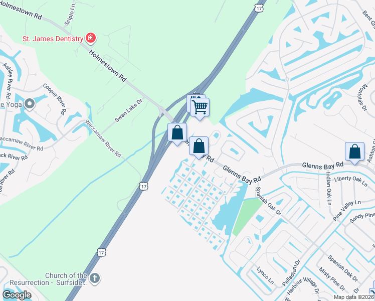 map of restaurants, bars, coffee shops, grocery stores, and more near 2293 Glenns Bay Road in Surfside Beach