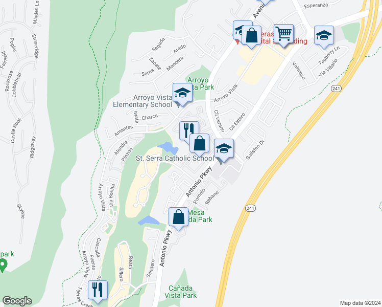 map of restaurants, bars, coffee shops, grocery stores, and more near 2 Vía Pausa in Rancho Santa Margarita