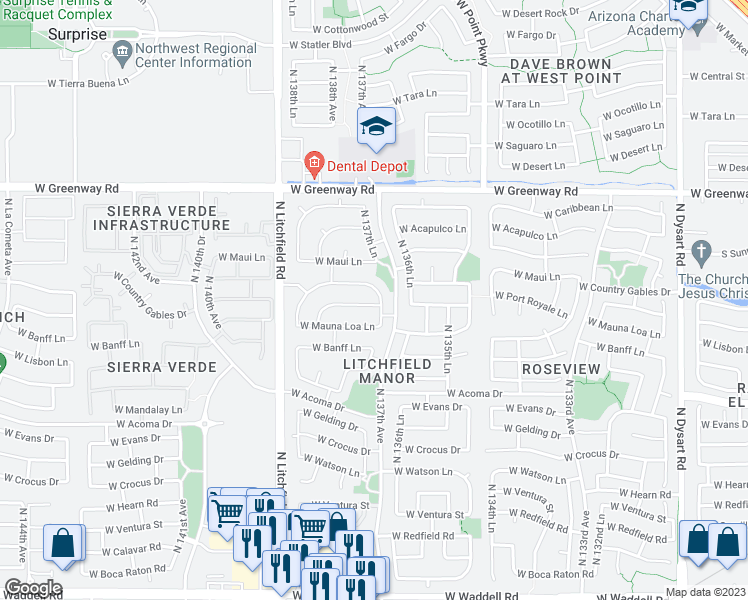 map of restaurants, bars, coffee shops, grocery stores, and more near 14952 North 137th Lane in Surprise