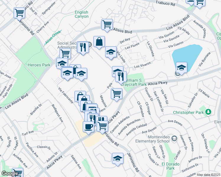 map of restaurants, bars, coffee shops, grocery stores, and more near 25982 Pala in Mission Viejo