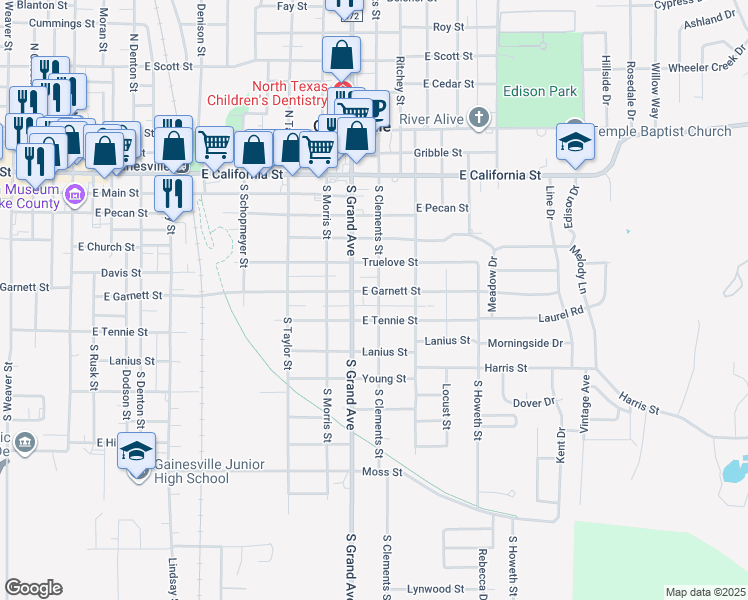 map of restaurants, bars, coffee shops, grocery stores, and more near 619 South Clements Street in Gainesville