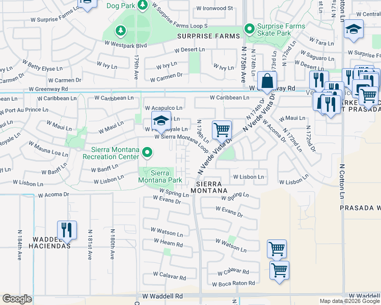 map of restaurants, bars, coffee shops, grocery stores, and more near 14907 North 177th Avenue in Surprise