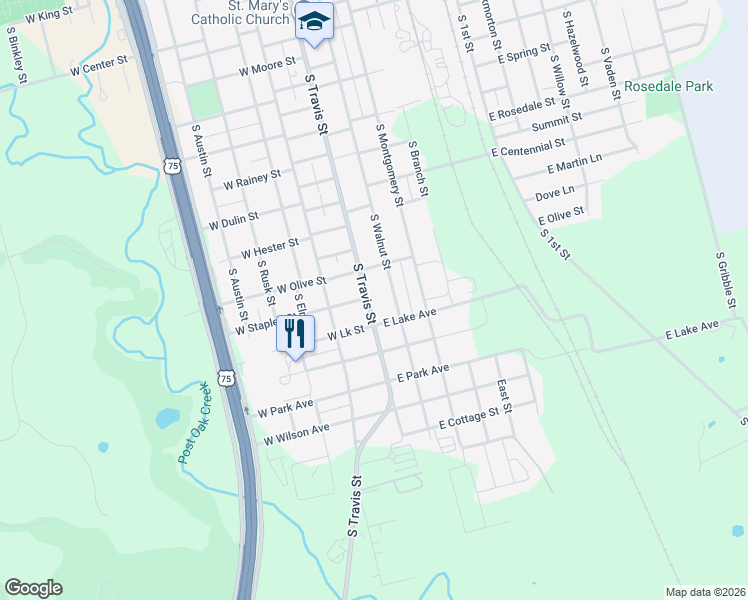map of restaurants, bars, coffee shops, grocery stores, and more near 1601 South Travis Street in Sherman