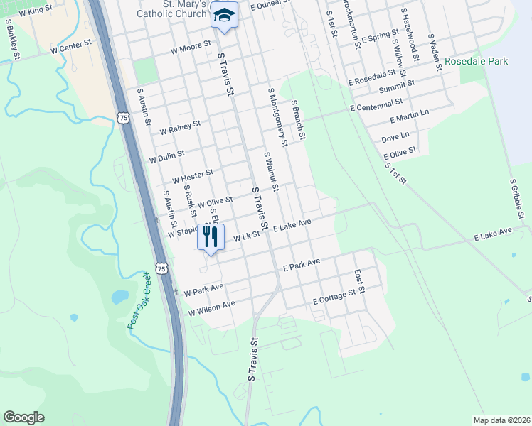 map of restaurants, bars, coffee shops, grocery stores, and more near 1601 South Travis Street in Sherman
