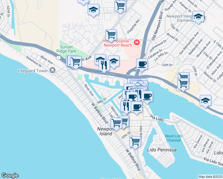 map of restaurants, bars, coffee shops, grocery stores, and more near 3810 Channel Place in Newport Beach