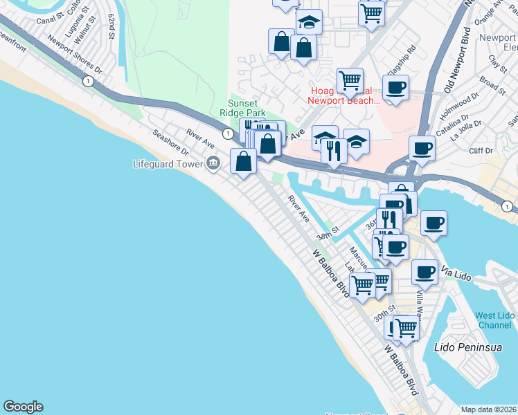 map of restaurants, bars, coffee shops, grocery stores, and more near 109 43rd Street in Newport Beach