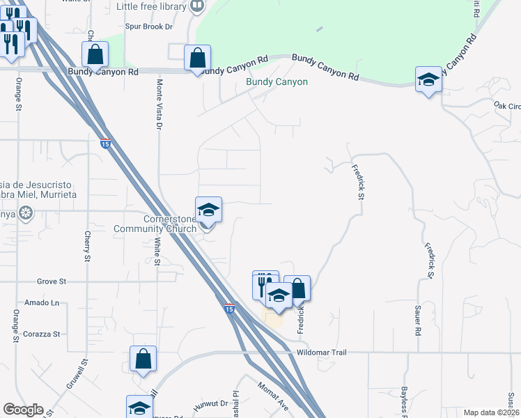 map of restaurants, bars, coffee shops, grocery stores, and more near 22849 Salvation Way in Wildomar