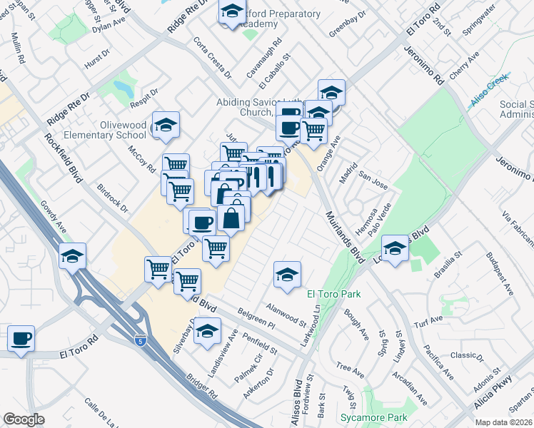 map of restaurants, bars, coffee shops, grocery stores, and more near 24701 Raymond Way in Lake Forest