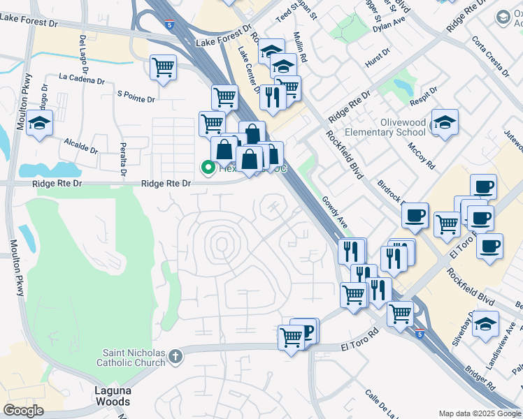 map of restaurants, bars, coffee shops, grocery stores, and more near 2239 Via Puerta in Laguna Woods