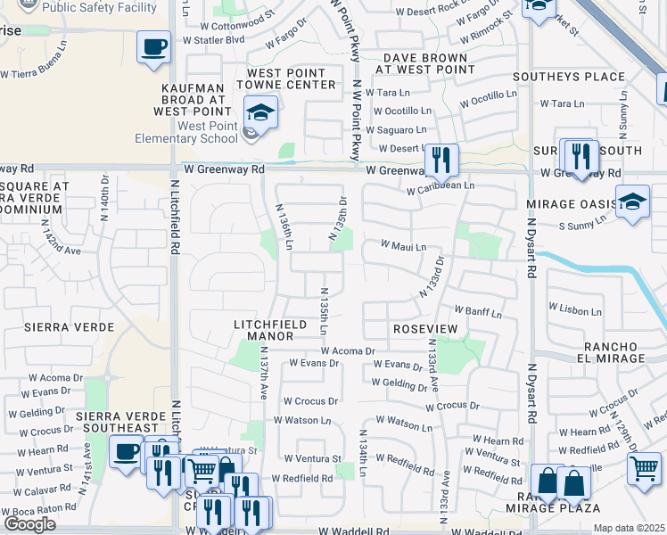 map of restaurants, bars, coffee shops, grocery stores, and more near 14904 North 135th Drive in Surprise