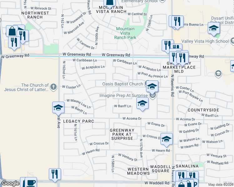 map of restaurants, bars, coffee shops, grocery stores, and more near 15854 West Mauna Loa Lane in Surprise