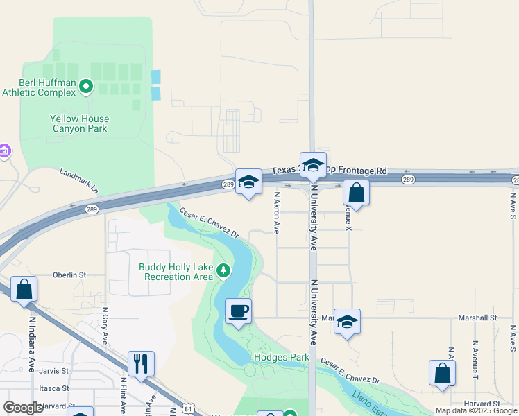 map of restaurants, bars, coffee shops, grocery stores, and more near 2025 North Akron Avenue in Lubbock