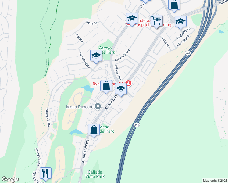 map of restaurants, bars, coffee shops, grocery stores, and more near 72 Vía Contento in Rancho Santa Margarita