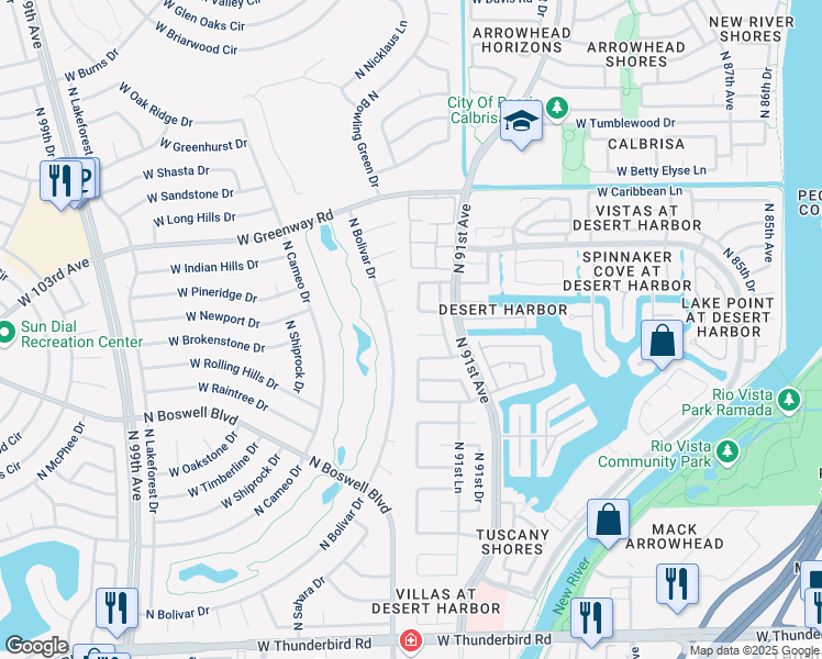 map of restaurants, bars, coffee shops, grocery stores, and more near 9156 West Port Royale Lane in Peoria