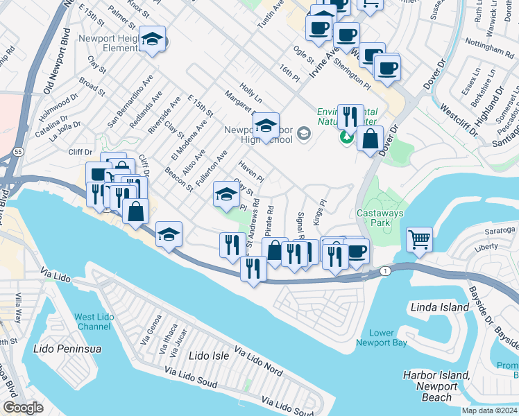 map of restaurants, bars, coffee shops, grocery stores, and more near 412 Saint Andrews Road in Newport Beach
