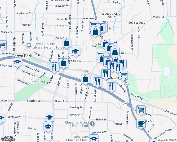 map of restaurants, bars, coffee shops, grocery stores, and more near 1008 State Route 160 in Forest Park
