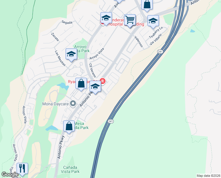map of restaurants, bars, coffee shops, grocery stores, and more near 17 Galisteo Drive in Rancho Santa Margarita