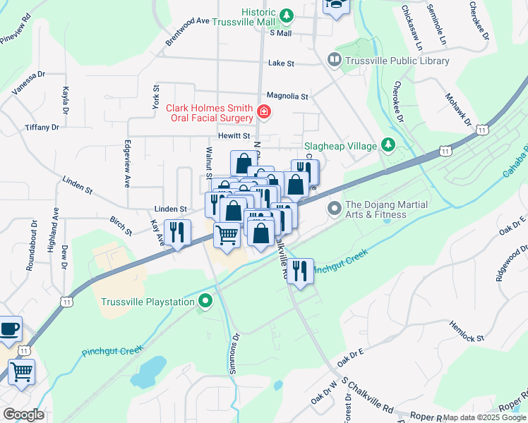 map of restaurants, bars, coffee shops, grocery stores, and more near 204 Main Street in Trussville