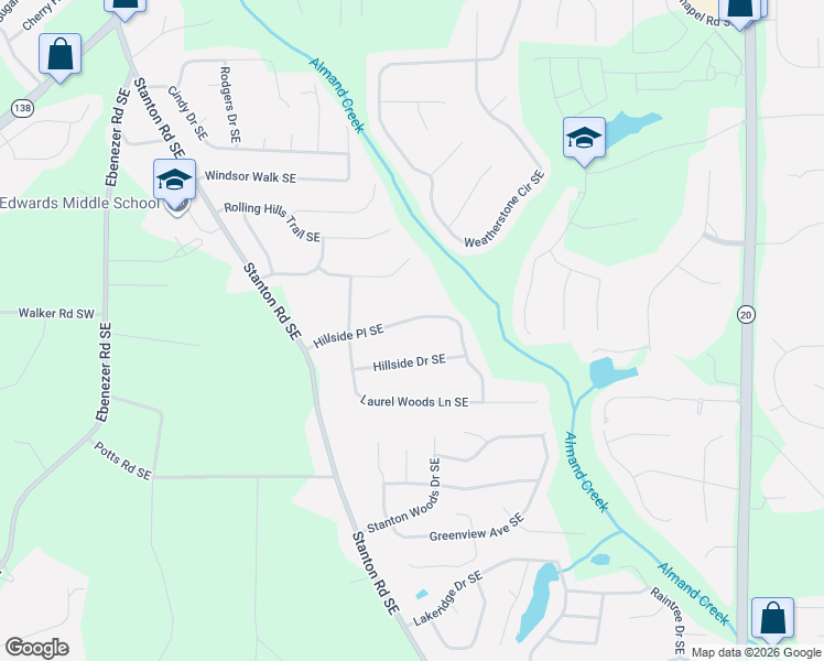 map of restaurants, bars, coffee shops, grocery stores, and more near 1518 Hillside Drive Southeast in Conyers