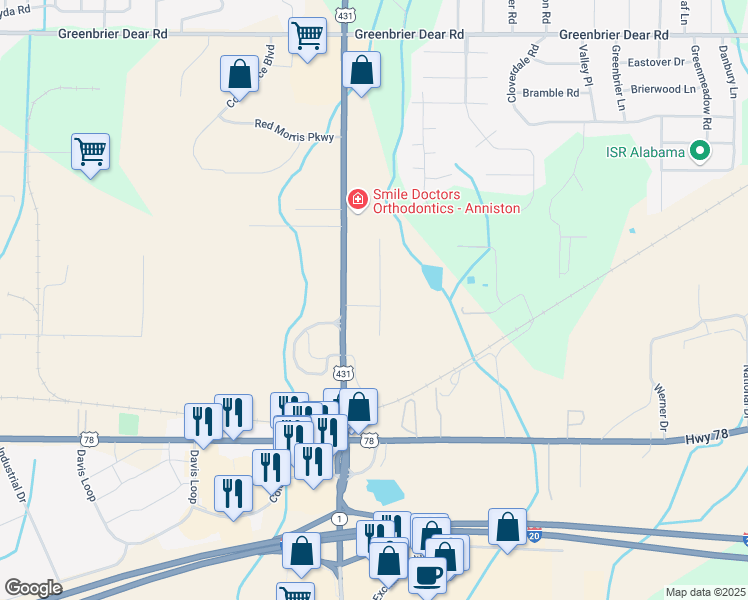 map of restaurants, bars, coffee shops, grocery stores, and more near 1816 Mae Road in Anniston