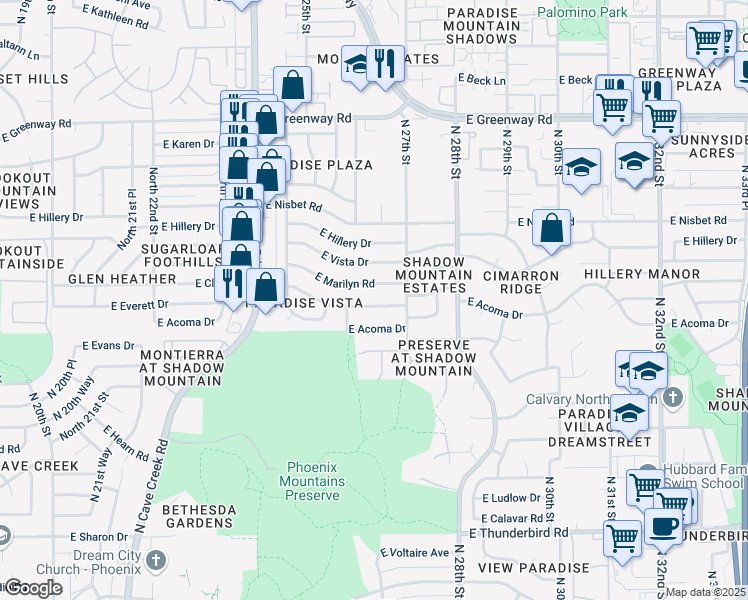 map of restaurants, bars, coffee shops, grocery stores, and more near 2607 East Claire Drive in Phoenix