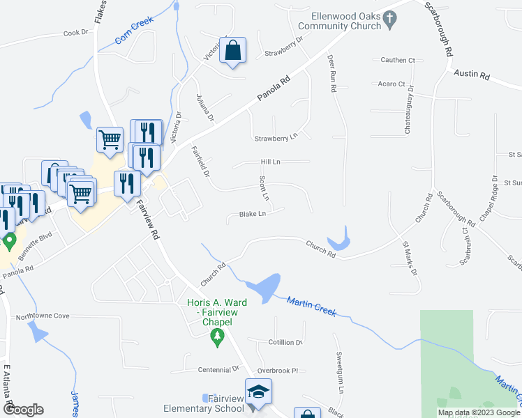 map of restaurants, bars, coffee shops, grocery stores, and more near 166 Blake Lane in Ellenwood