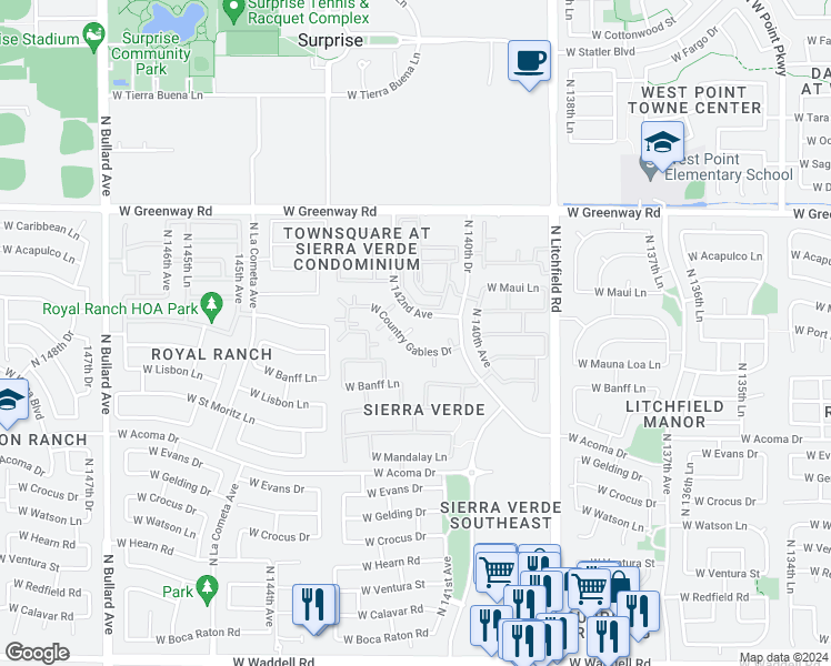 map of restaurants, bars, coffee shops, grocery stores, and more near 14124 West Country Gables Drive in Surprise